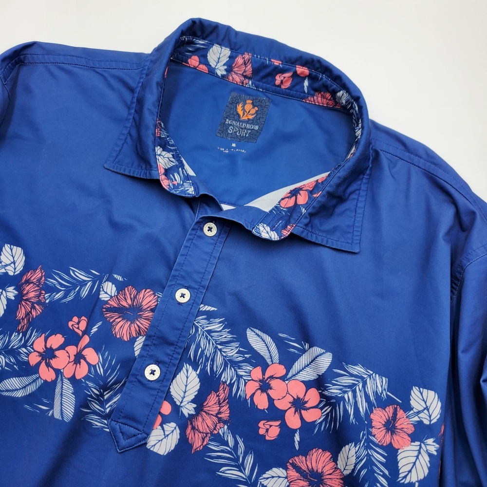 Donald Ross Sport Mens XL Blue Floral Chest Stripe Performance Golf Polo Shirt‎